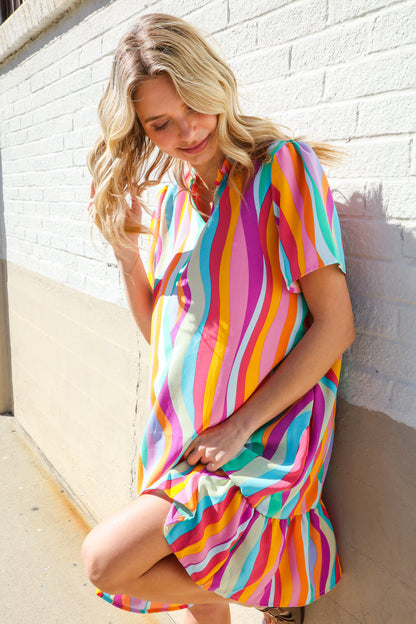 Boho Vibes Multicolor Abstract Print Frill Notch Neck Dress