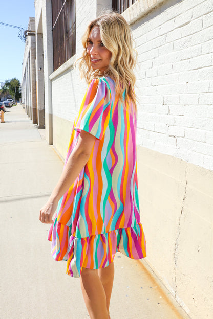 Boho Vibes Multicolor Abstract Print Frill Notch Neck Dress
