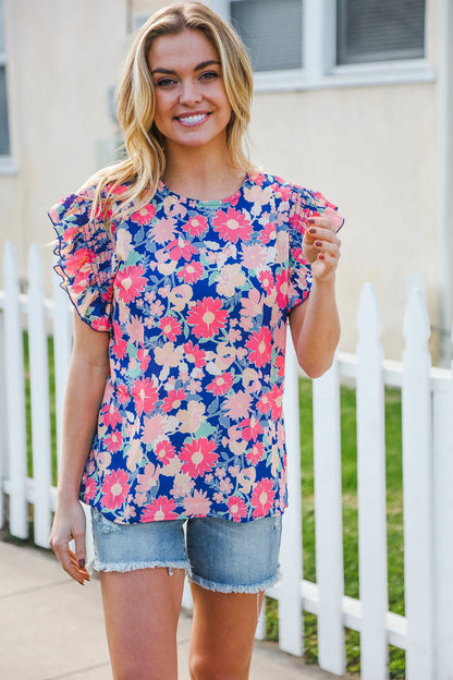 Vacay Ready Blue & Fuchsia Floral Smocked Ruffle Sleeve Top