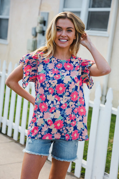 Vacay Ready Blue & Fuchsia Floral Smocked Ruffle Sleeve Top