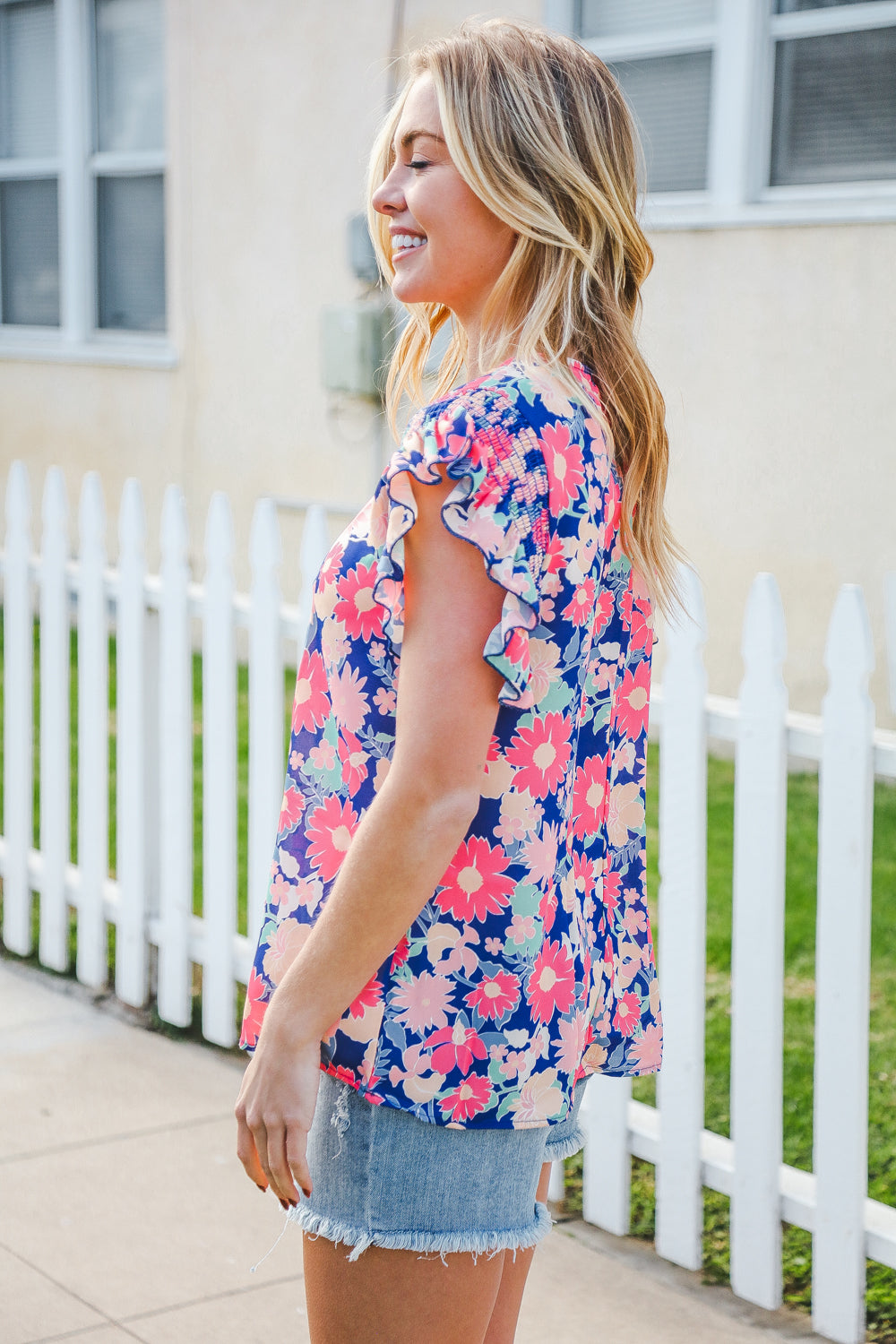 Vacay Ready Blue & Fuchsia Floral Smocked Ruffle Sleeve Top