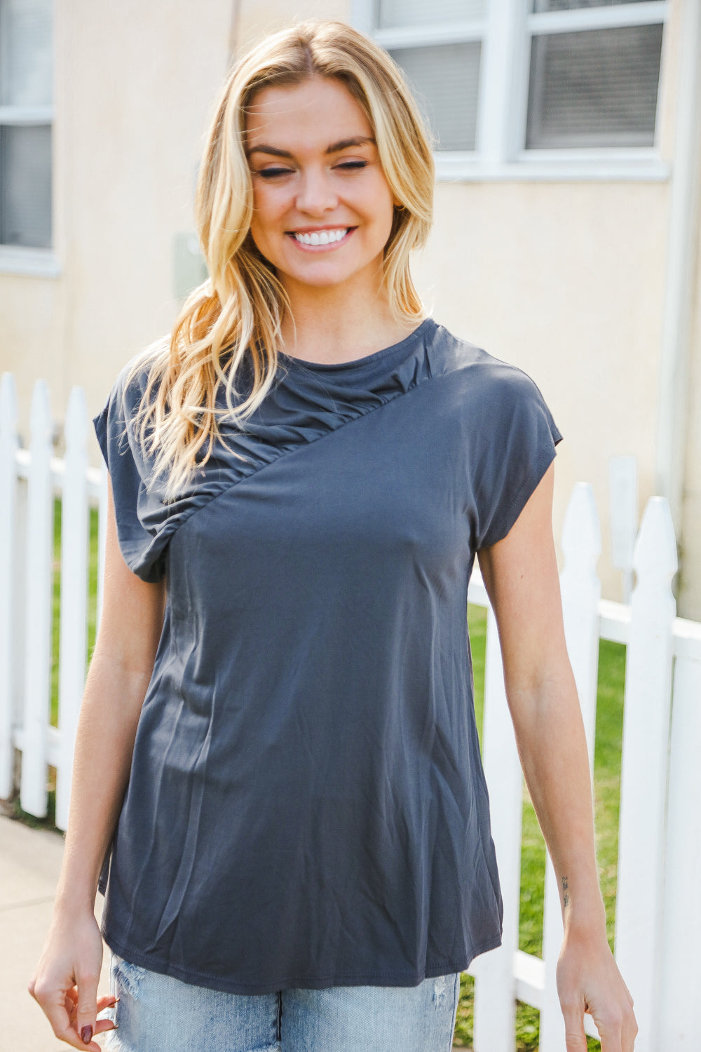 Charming In Charcoal Asymmetrical Shirred Modal Top