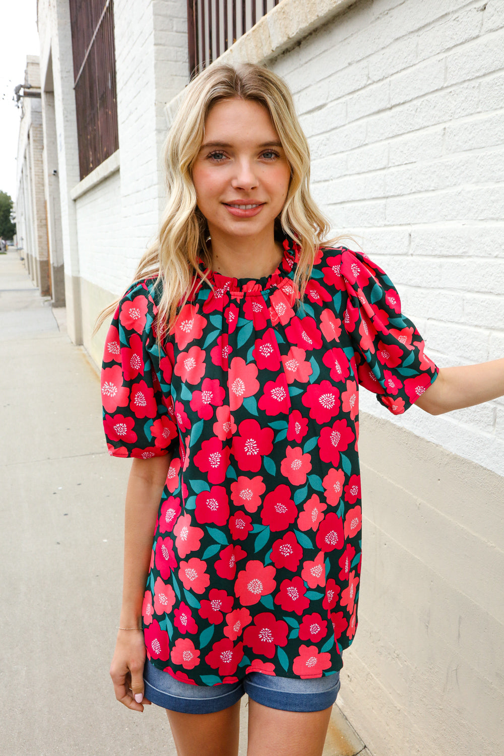 Flower Power Fuchsia Mock Frill Neck Puff Sleeve Blouse