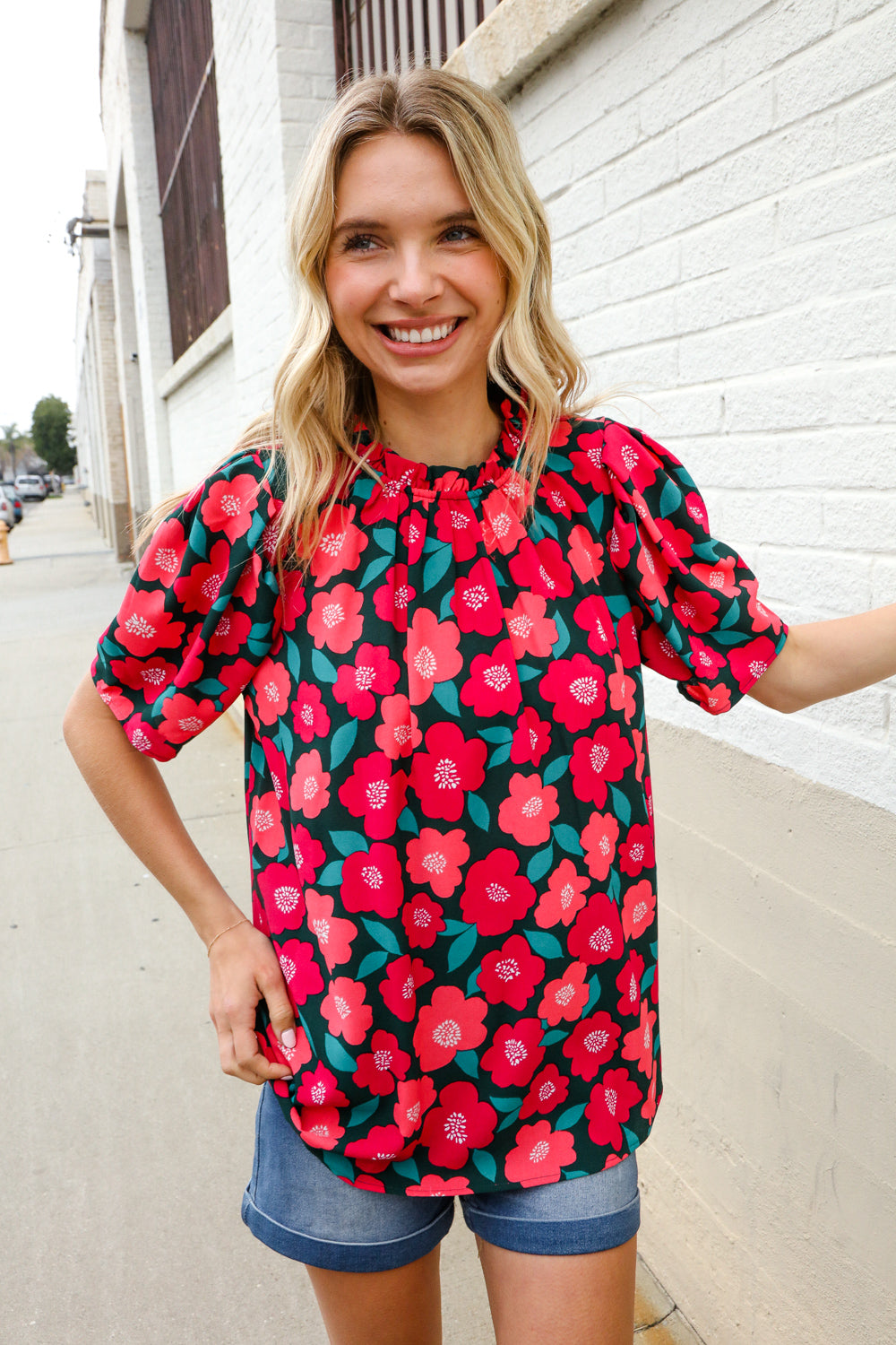 Flower Power Fuchsia Mock Frill Neck Puff Sleeve Blouse