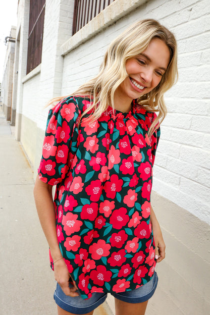 Flower Power Fuchsia Mock Frill Neck Puff Sleeve Blouse