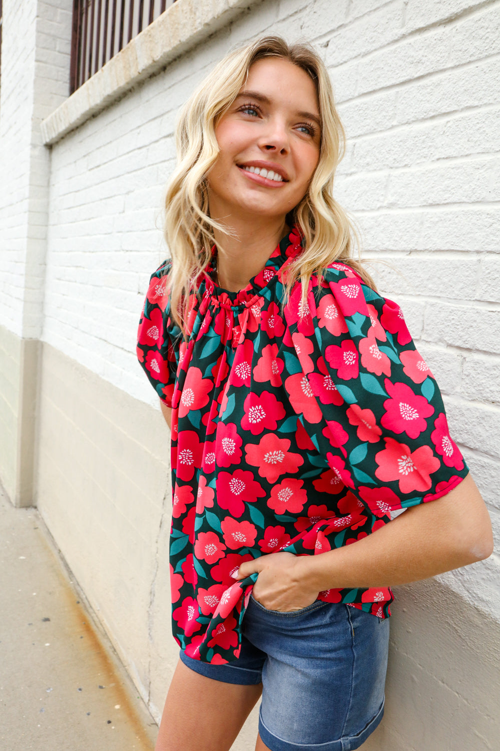 Flower Power Fuchsia Mock Frill Neck Puff Sleeve Blouse