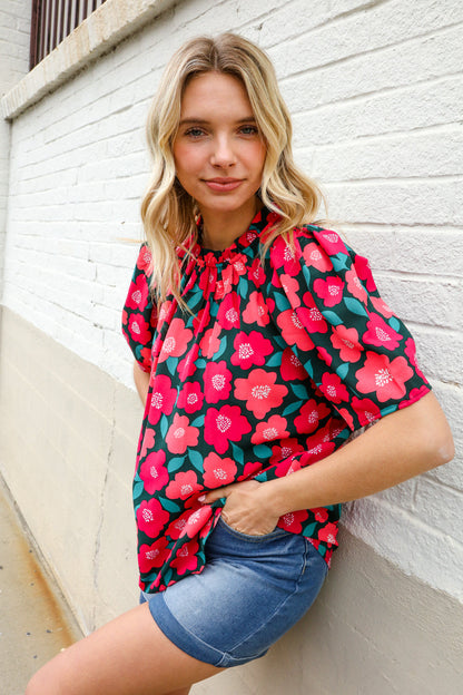 Flower Power Fuchsia Mock Frill Neck Puff Sleeve Blouse