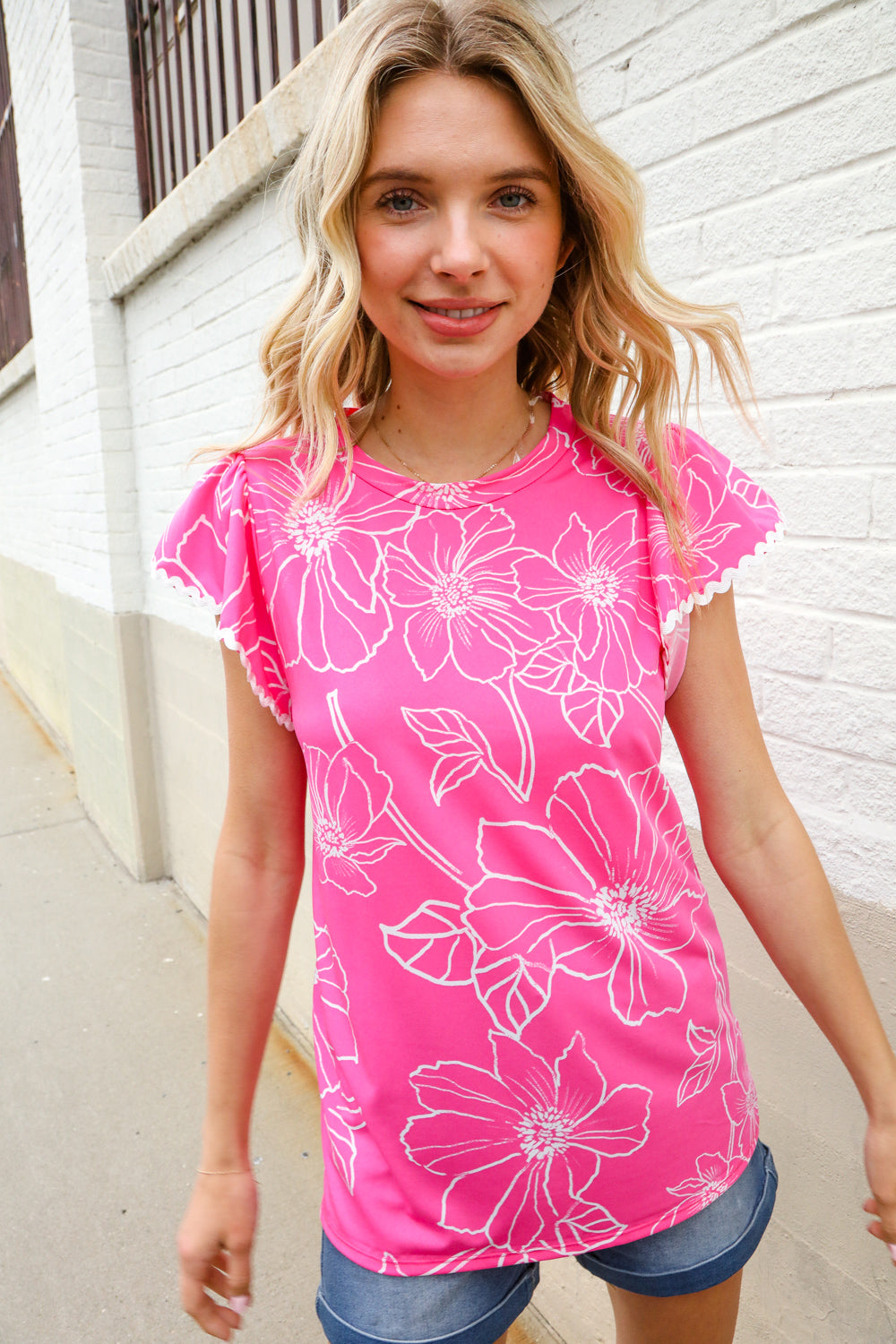 Adorable In Pink Big Floral Print Flutter Sleeve Knit Top