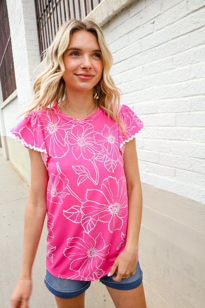 Adorable In Pink Big Floral Print Flutter Sleeve Knit Top