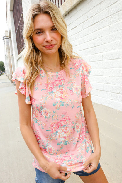 Find Love Pink Floral Print Flutter Sleeve Knit Top