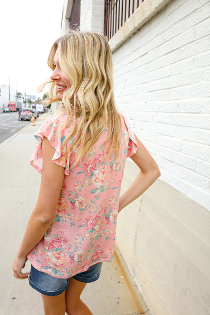Find Love Pink Floral Print Flutter Sleeve Knit Top