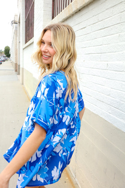 Be Bold Blue Floral Print V Neck Babydoll Flutter Sleeve Top