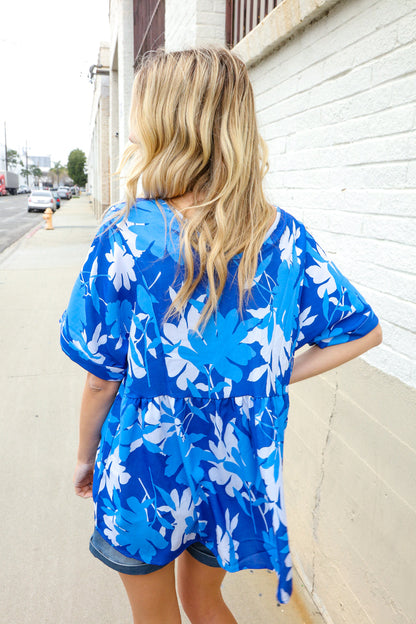 Be Bold Blue Floral Print V Neck Babydoll Flutter Sleeve Top