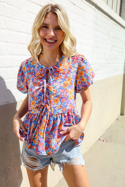 Follow Me Blue/Coral Floral Print Bow Tie Puff Sleeve Babydoll Top