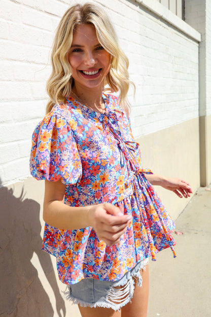 Follow Me Blue/Coral Floral Print Bow Tie Puff Sleeve Babydoll Top