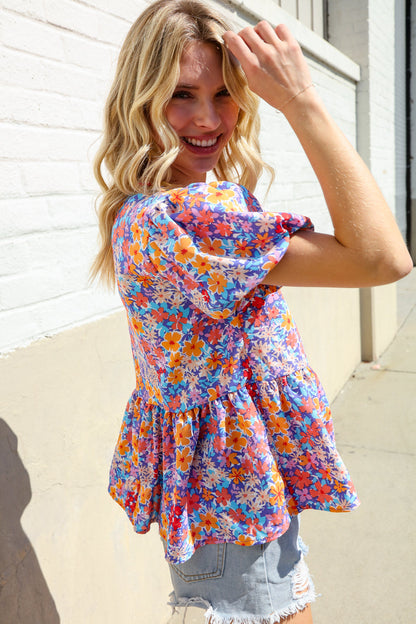 Follow Me Blue/Coral Floral Print Bow Tie Puff Sleeve Babydoll Top