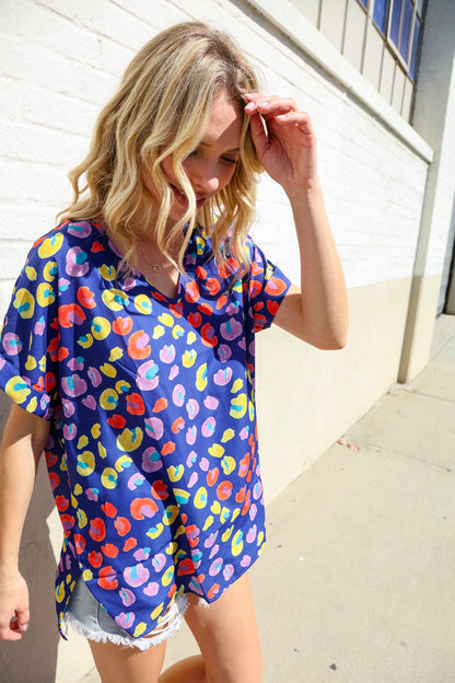 Follow Me Navy Blue Animal Print V Neck Dolman Hi-Lo Blouse