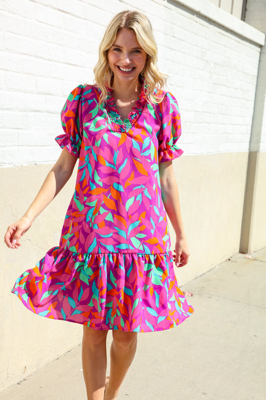 Fuchsia Tropical Leaf Woven Ruffle Hem Pocketed Dress