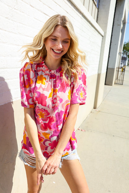 Perfectly You Fuchsia Big Floral Frill Neck Back Button Blouse