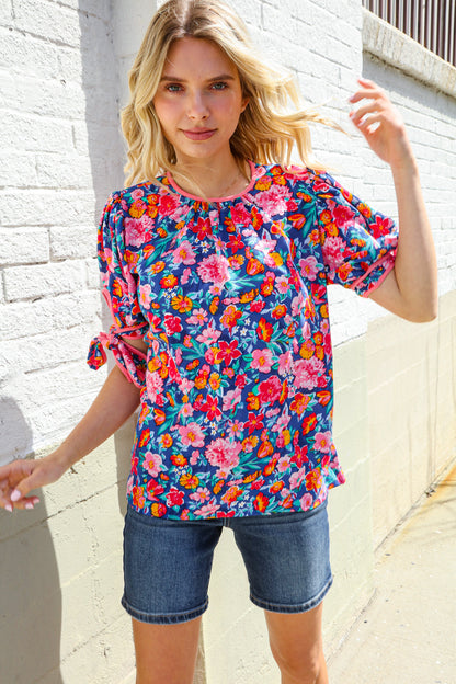 Feeling Femme Navy Floral Print Ribbon Bow Tie Sleeve Blouse