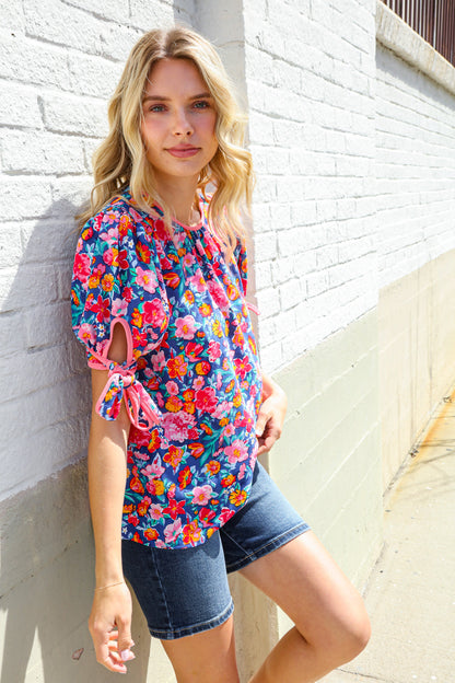 Feeling Femme Navy Floral Print Ribbon Bow Tie Sleeve Blouse