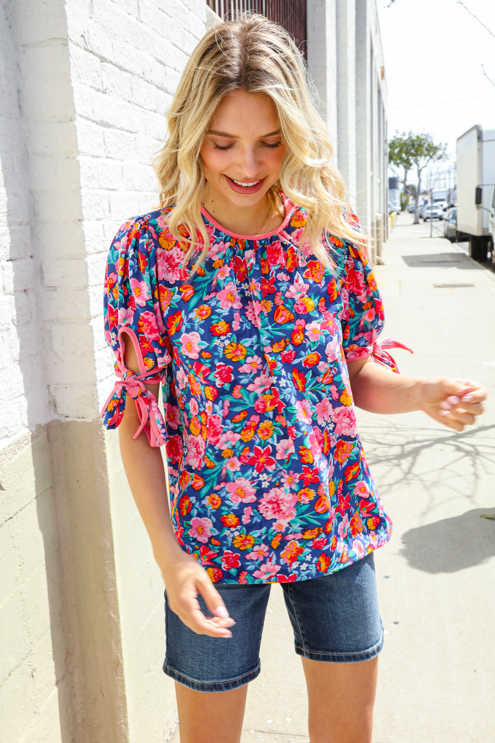 Feeling Femme Navy Floral Print Ribbon Bow Tie Sleeve Blouse