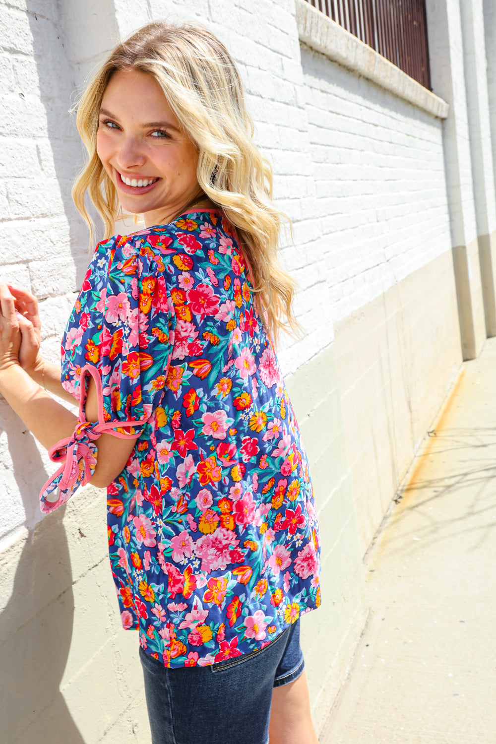 Feeling Femme Navy Floral Print Ribbon Bow Tie Sleeve Blouse