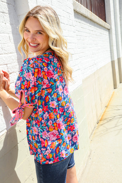 Feeling Femme Navy Floral Print Ribbon Bow Tie Sleeve Blouse