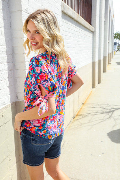 Feeling Femme Navy Floral Print Ribbon Bow Tie Sleeve Blouse