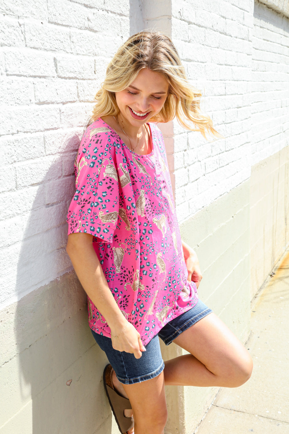 Feeling Whimsical Hot Pink Cheetah Print Short Sleeve Knit Top