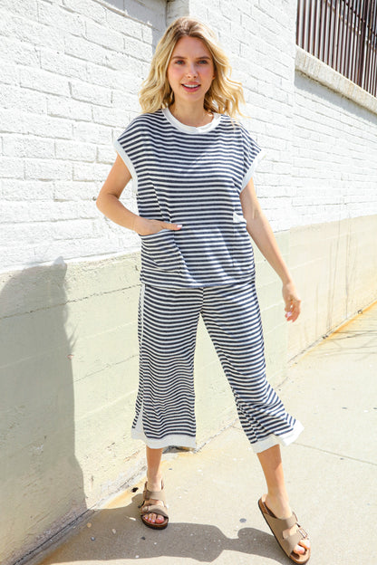 Casual Chic Navy/White Stripe Dolman Short Sleeve Terry Top