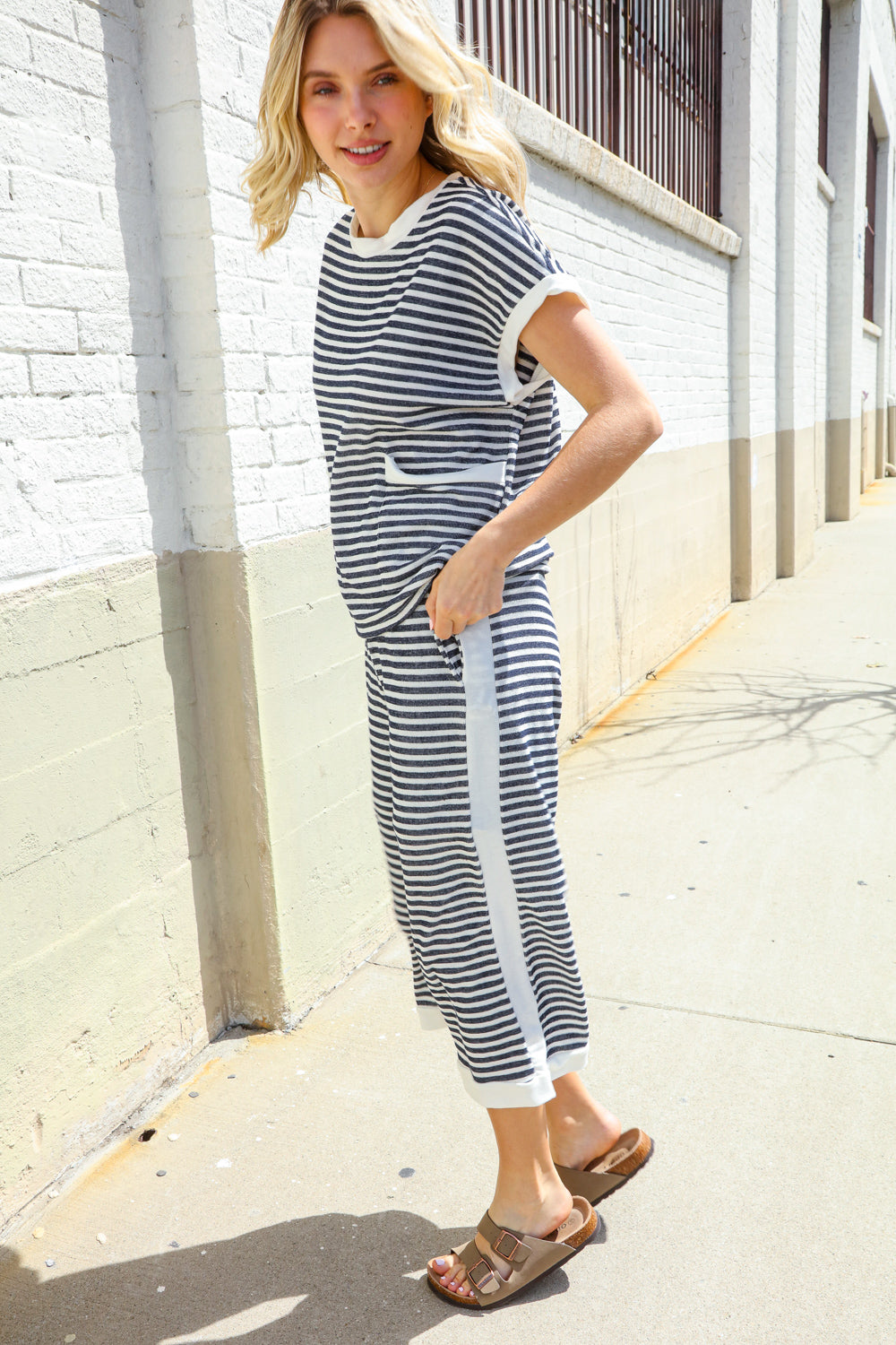 Casual Chic French Terry Black & White Stripe Track Pants
