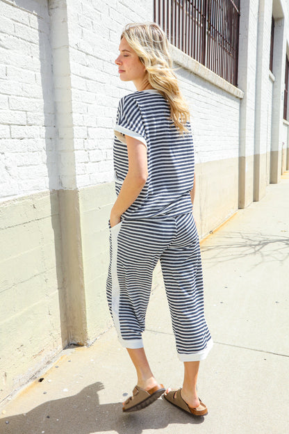 Casual Chic French Terry Black & White Stripe Track Pants