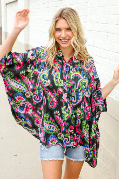 Find Love Back Paisley Print Button-Down Dolman Sleeve Blouse