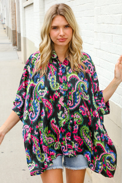 Find Love Back Paisley Print Button-Down Dolman Sleeve Blouse