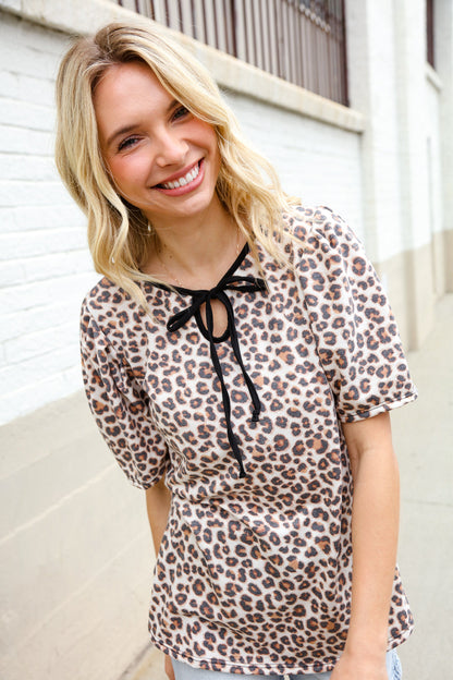 Everyday Animal Print Collar Notch Front Tie Knit Top