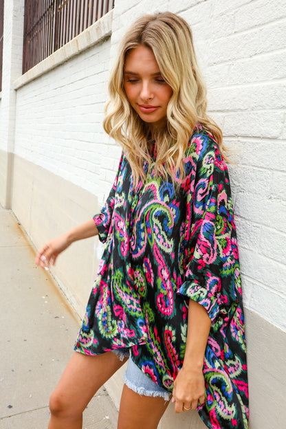 Find Love Back Paisley Print Button-Down Dolman Sleeve Blouse