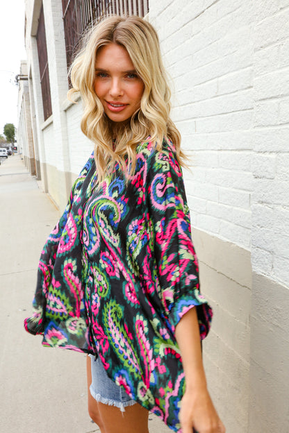 Find Love Back Paisley Print Button-Down Dolman Sleeve Blouse