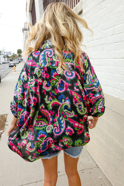 Find Love Back Paisley Print Button-Down Dolman Sleeve Blouse