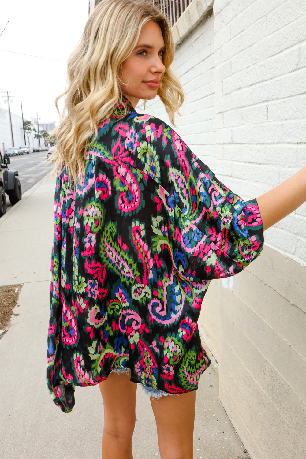 Find Love Back Paisley Print Button-Down Dolman Sleeve Blouse