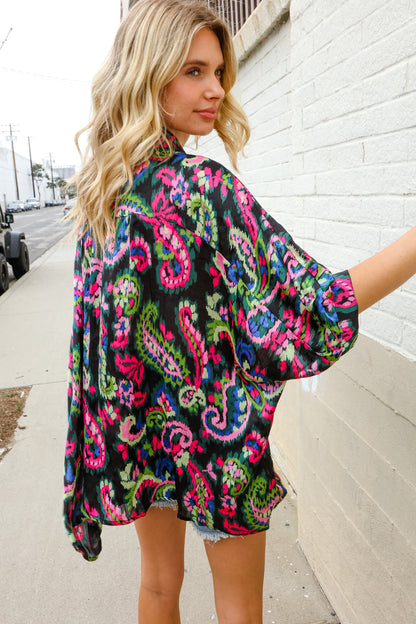 Find Love Back Paisley Print Button-Down Dolman Sleeve Blouse
