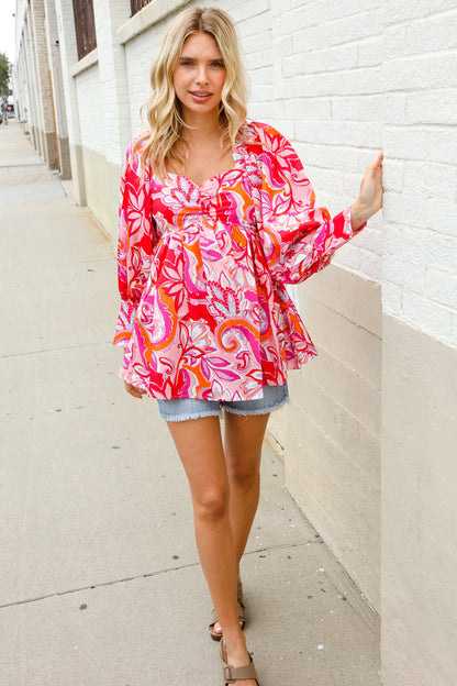 All For You Red Silky Floral Print Sweetheart Neck Long Sleeve Blouse