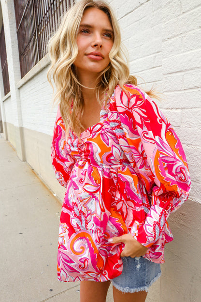 All For You Red Silky Floral Print Sweetheart Neck Long Sleeve Blouse