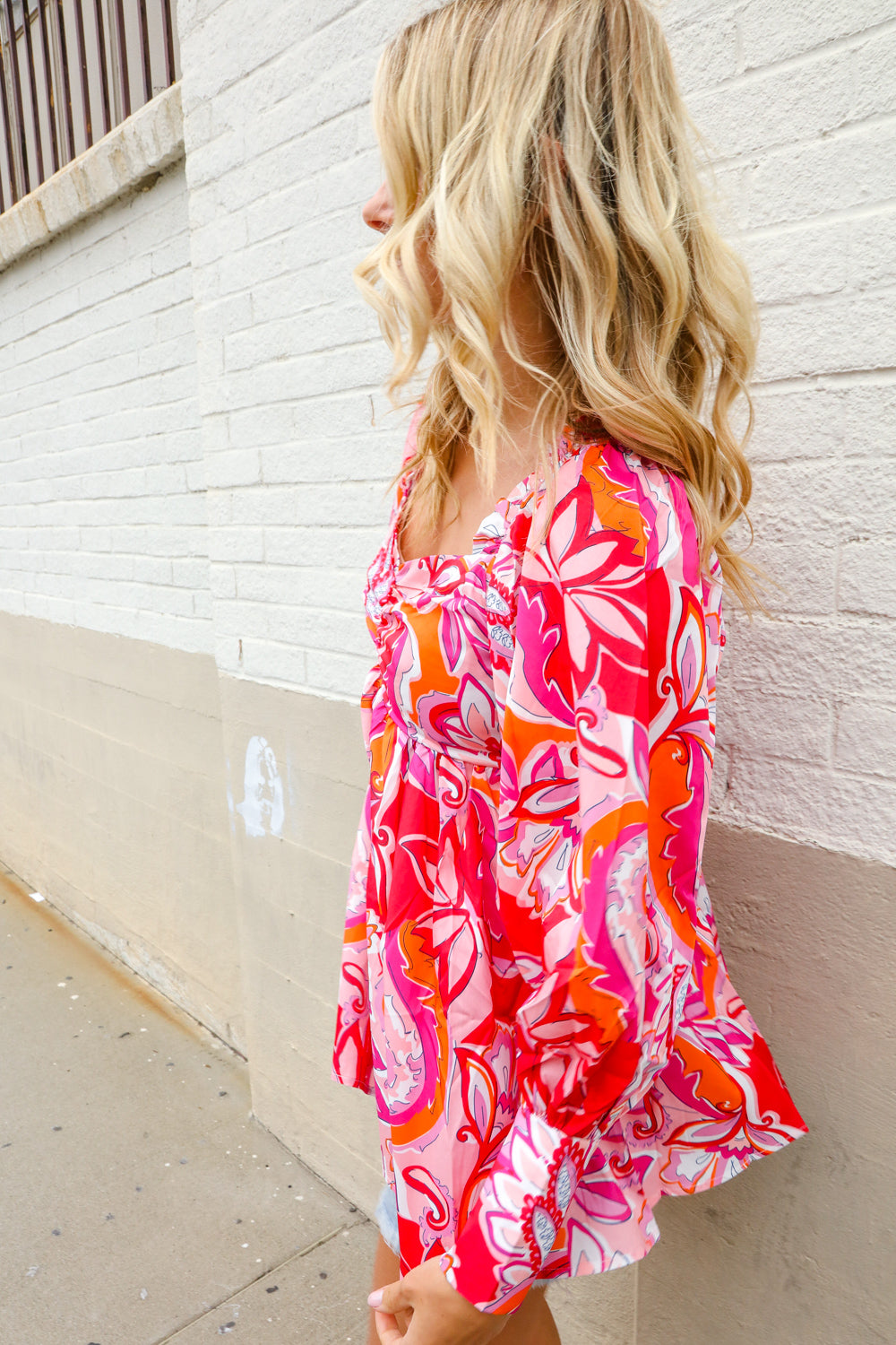 All For You Red Silky Floral Print Sweetheart Neck Long Sleeve Blouse