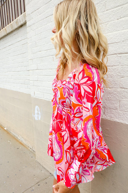 All For You Red Silky Floral Print Sweetheart Neck Long Sleeve Blouse