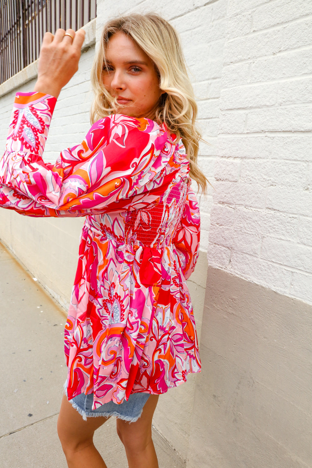 All For You Red Silky Floral Print Sweetheart Neck Long Sleeve Blouse