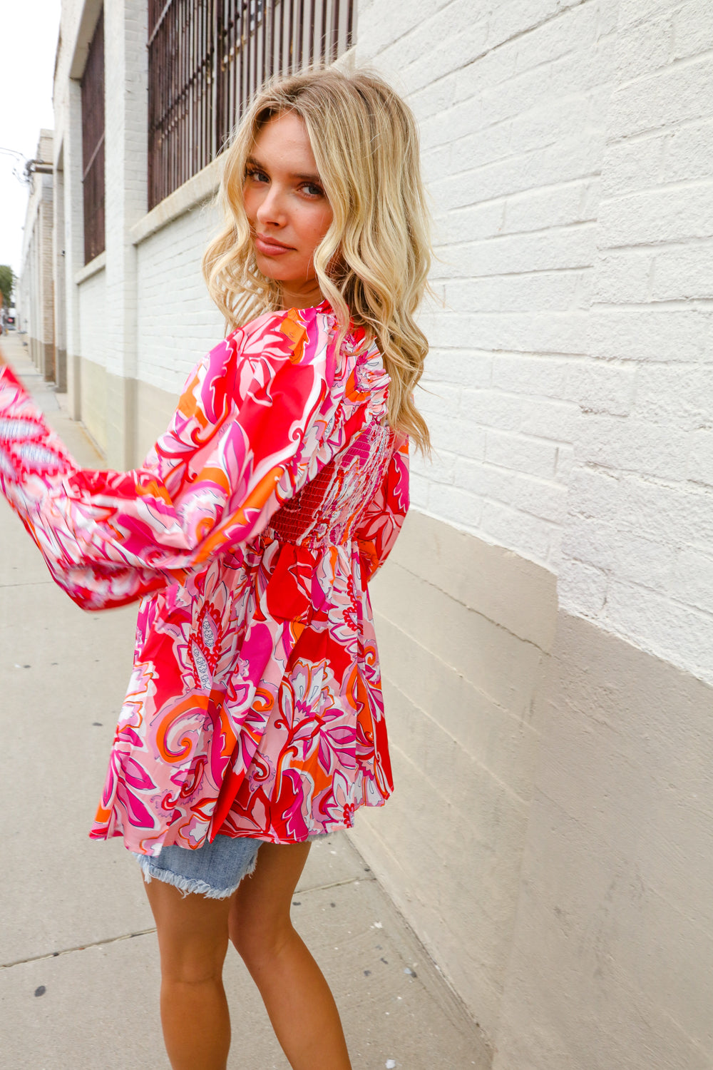 All For You Red Silky Floral Print Sweetheart Neck Long Sleeve Blouse