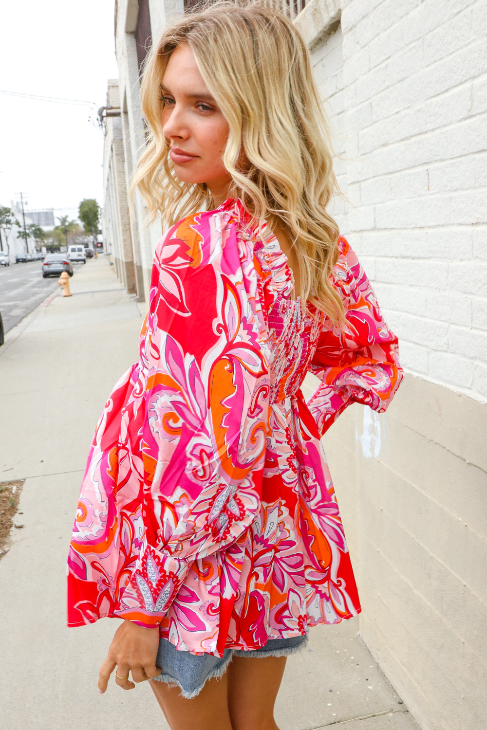 All For You Red Silky Floral Print Sweetheart Neck Long Sleeve Blouse