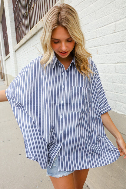 Put Together Blue & White Stripe Button-Down Dolman Sleeve Blouse