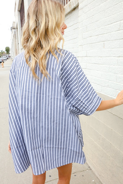 Put Together Blue & White Stripe Button-Down Dolman Sleeve Blouse